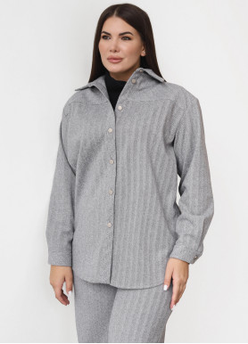 Прогулянковий костюм з сорочкою-жакетом оверсайз та брюками палаццо фактурна вовна сірий великий розмір